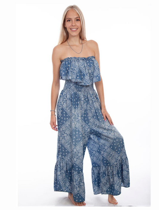 Scully women's strapless ruffle jumpsuit, front view, featuring soft ruffle trim and elegant silhouette.