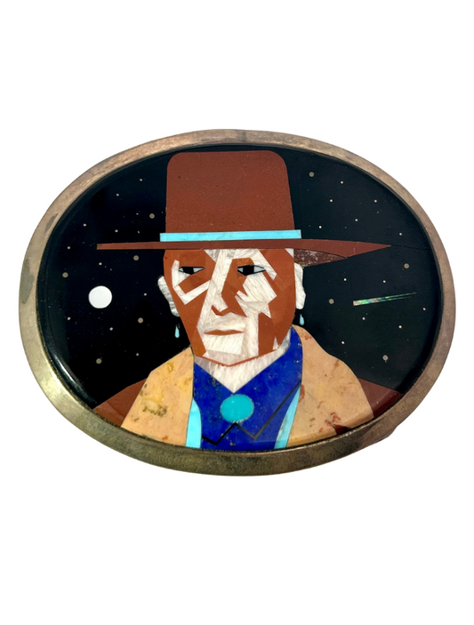 Front view of Sterling Silver Belt Buckle with man in hat made out of multi-stone inlay