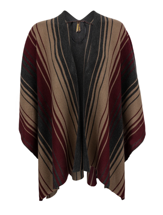 A striped sweater poncho in shades of brown and beige.