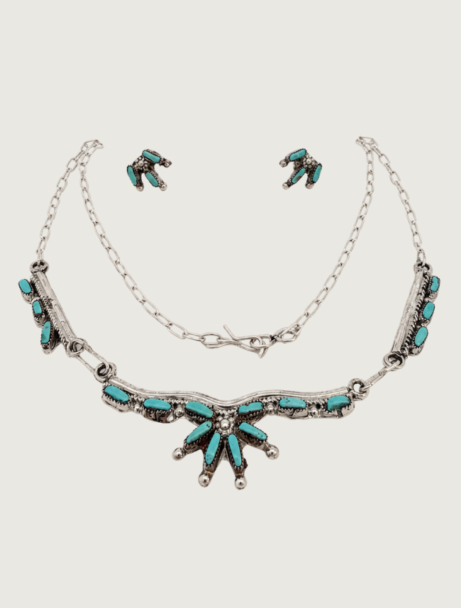 Sterling silver turquoise petit point necklace and earring set