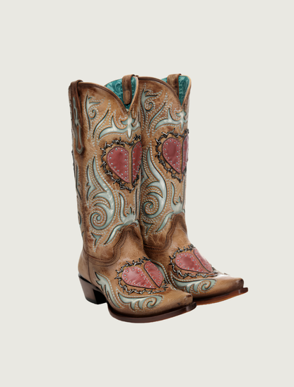Corral Heart Inlay, Studs, & Woven Barbed Wire Cowgirl Boots