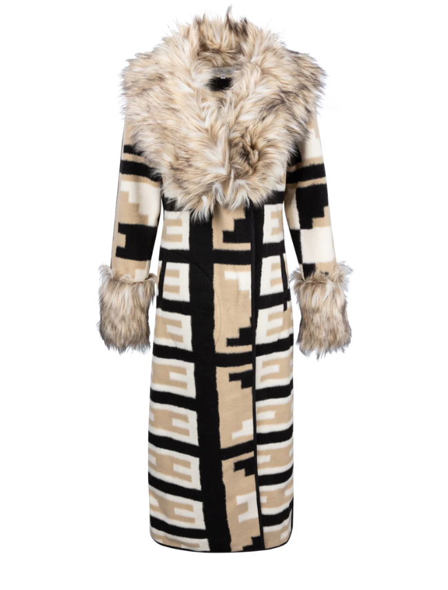 Long coat with a patterned design and fur trim on a white background