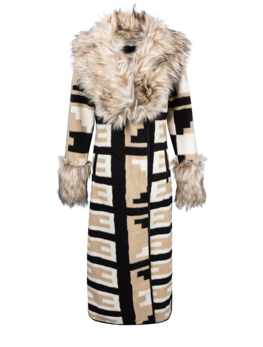 Long coat with a patterned design and fur trim on a white background