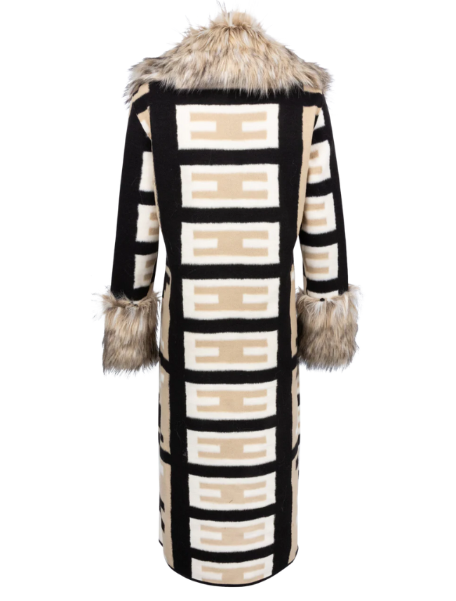 Long coat with fur trim and geometric pattern on a white background