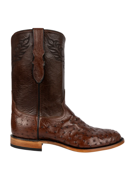 Brown leather cowboy boot on a white background