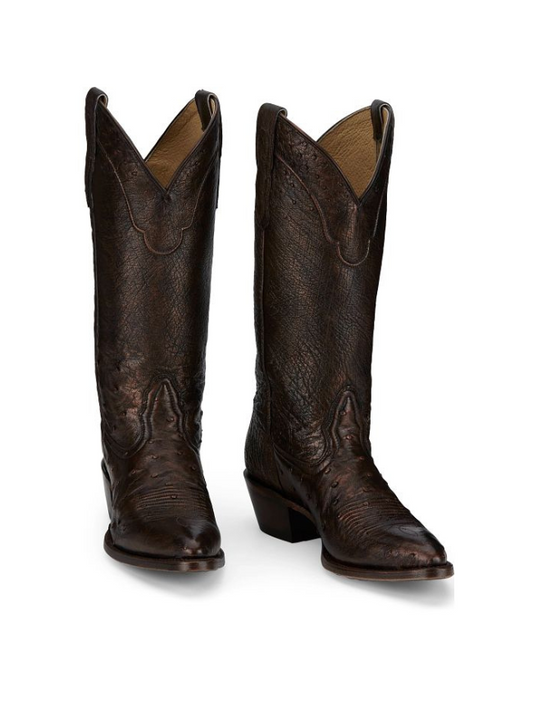 Tony Lama Women's Lenora 13" Smooth Ostrich Boots in Copper pair facing towards the camera