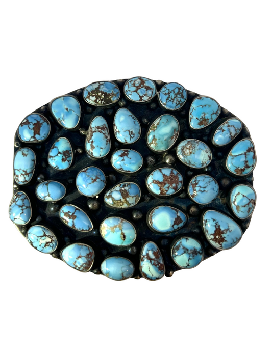 Front view of Travis J Sterling Silver Turquoise Belt Buckle