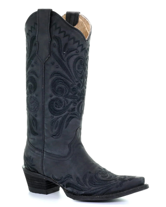 A pair of women's black leather Corral boots with intricate embroidery and a snip toe design.