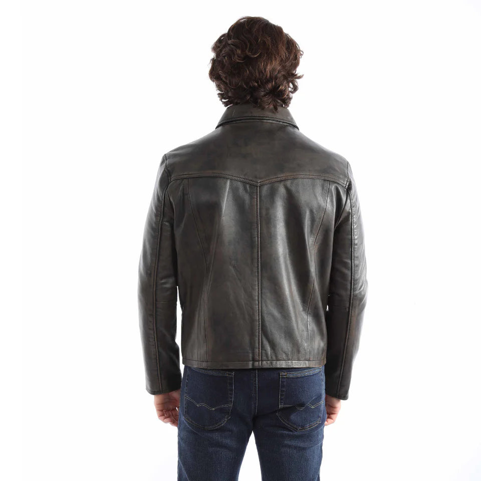 Men's Brown Leather Zip Front Jacket