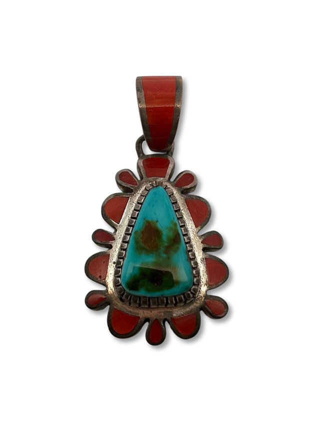 Top down view of Vernon Haskie Sterling Silver Coral Inlay & Turquoise Pendant