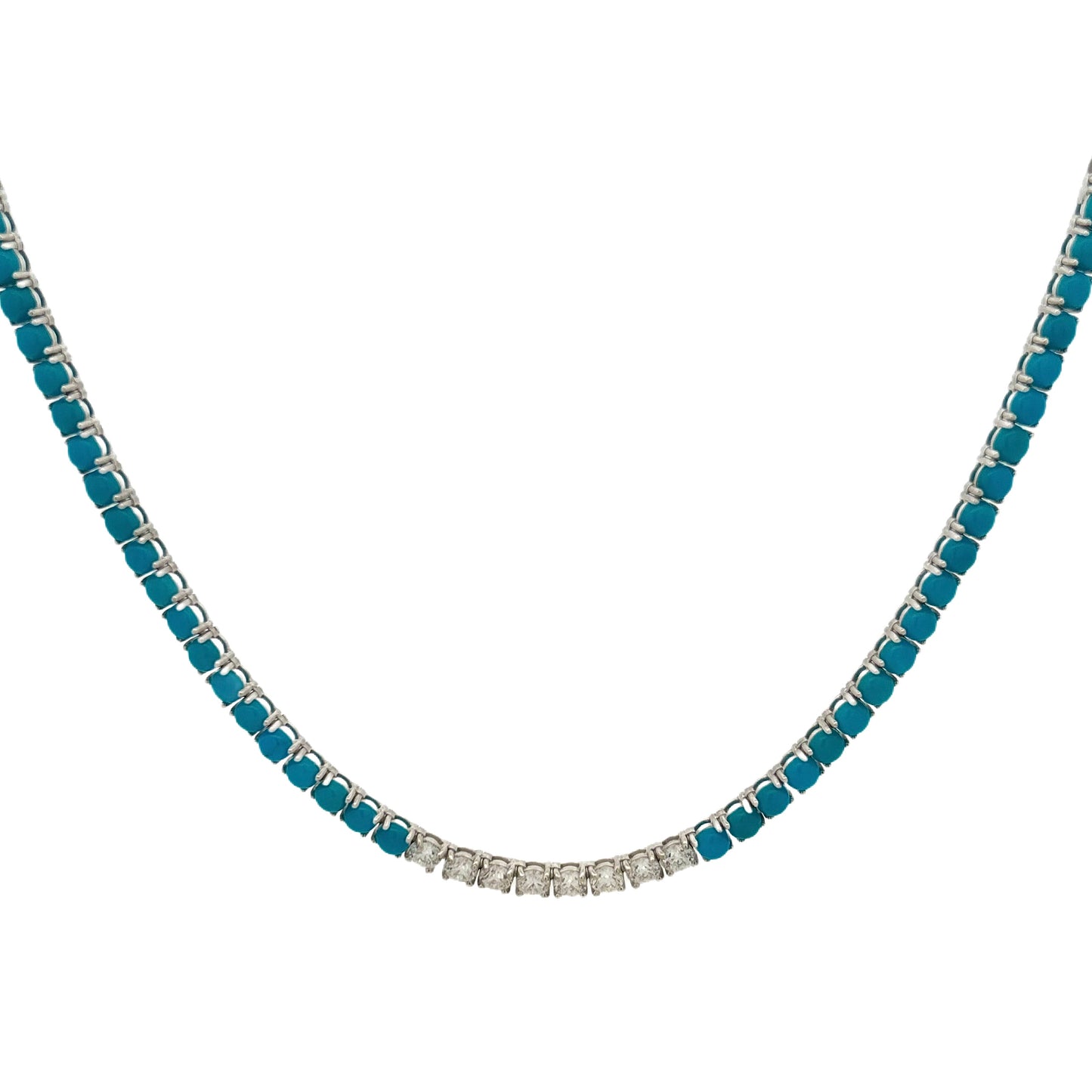 18K White Gold Sleeping Beauty Turquoise.& Diamond Tennis Necklace