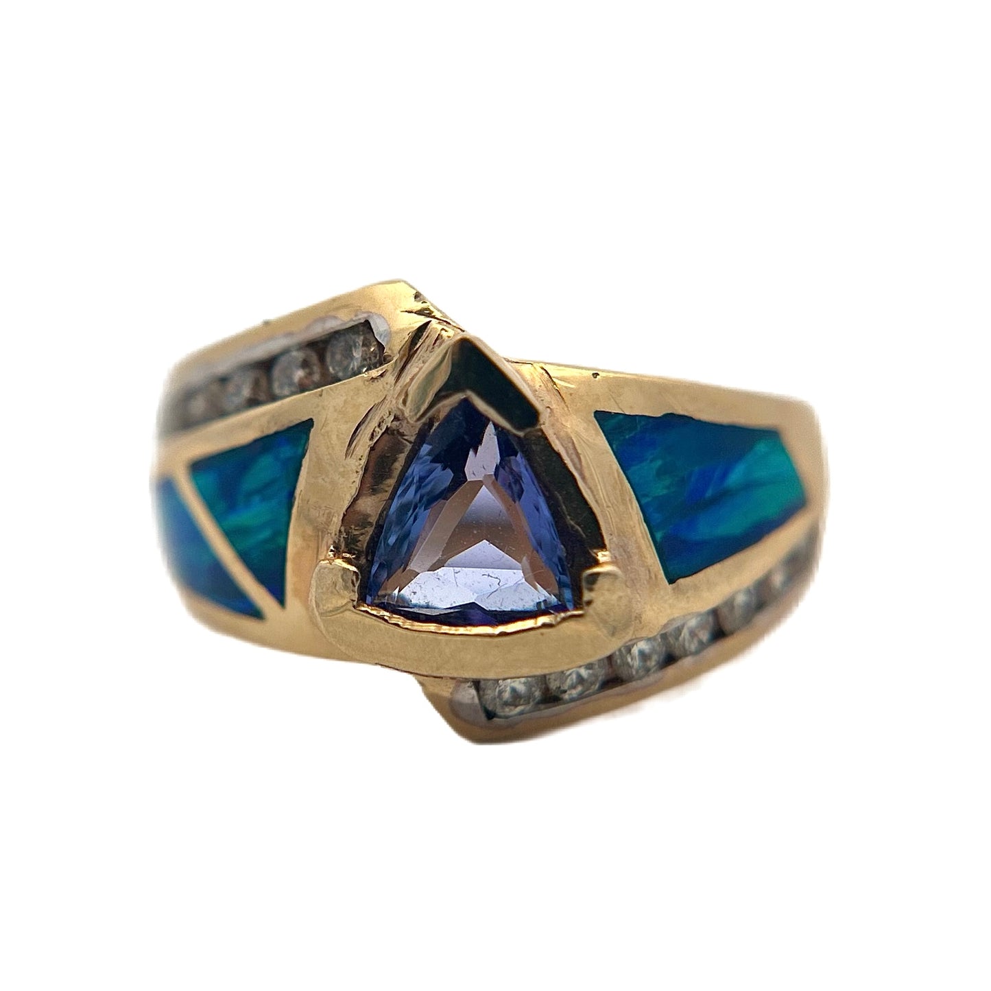 14K Yellow Gold Tanzanite, Opal, and Diamond Ring