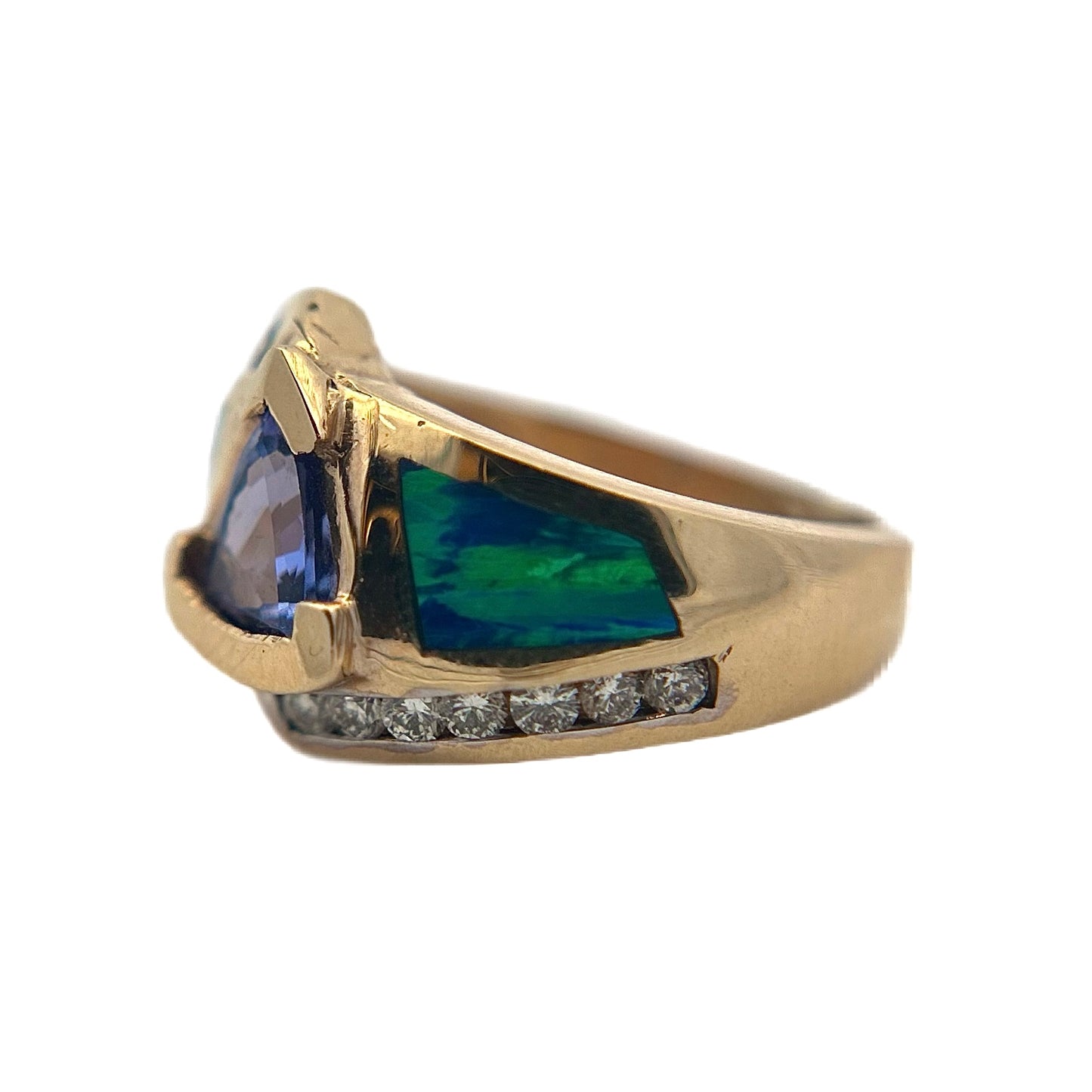 14K Yellow Gold Tanzanite, Opal, and Diamond Ring