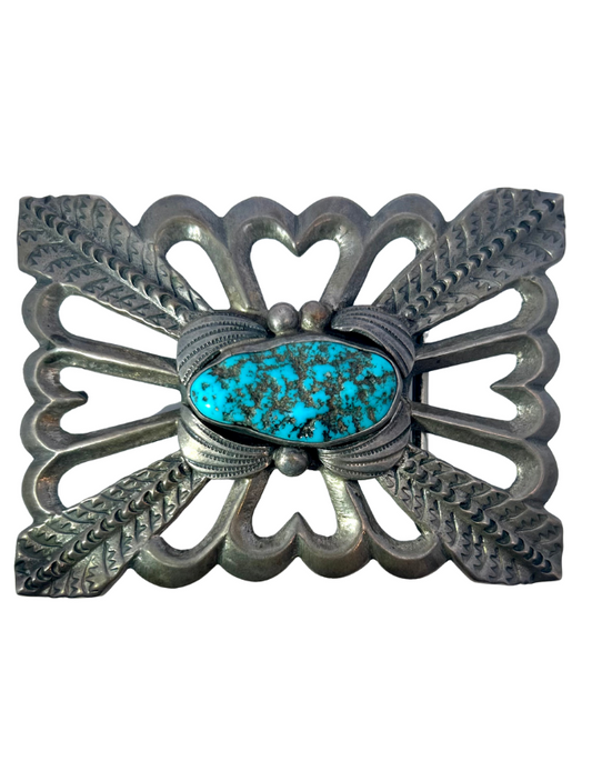 Front, top view of Sterling Silver Turquoise Belt Buckle with hallmark W.J.H., corner engraving detail, and large turquoise center stone