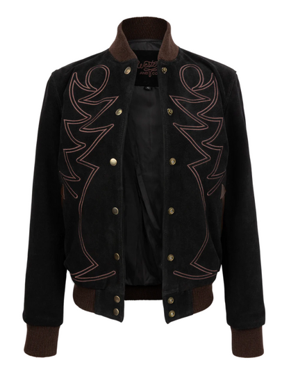 A black bomber jacket with brown western stitching and brass snap button closure, made of leather.
