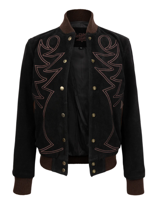 A black bomber jacket with brown western stitching and brass snap button closure, made of leather.