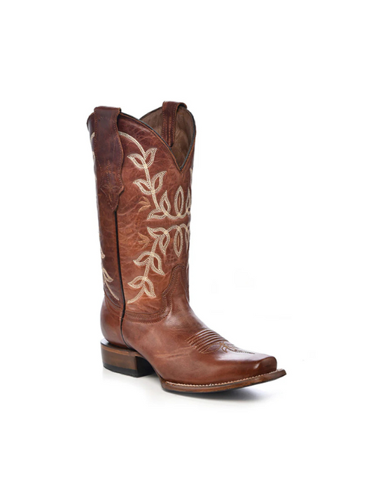This is a photo of a brown square toe circle g cowgirl boot for women. the boot has white embroidery and is a simple brown leather boot