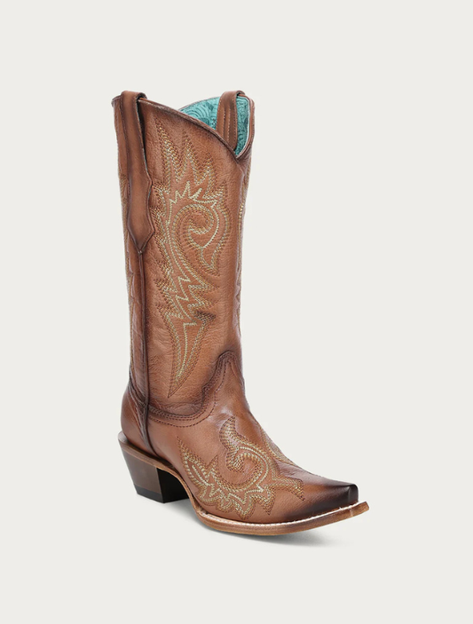 Brown cowboy boot with intricate embroidery on a white background