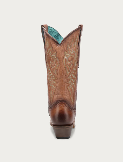 Brown cowboy boot with intricate stitching on a white background