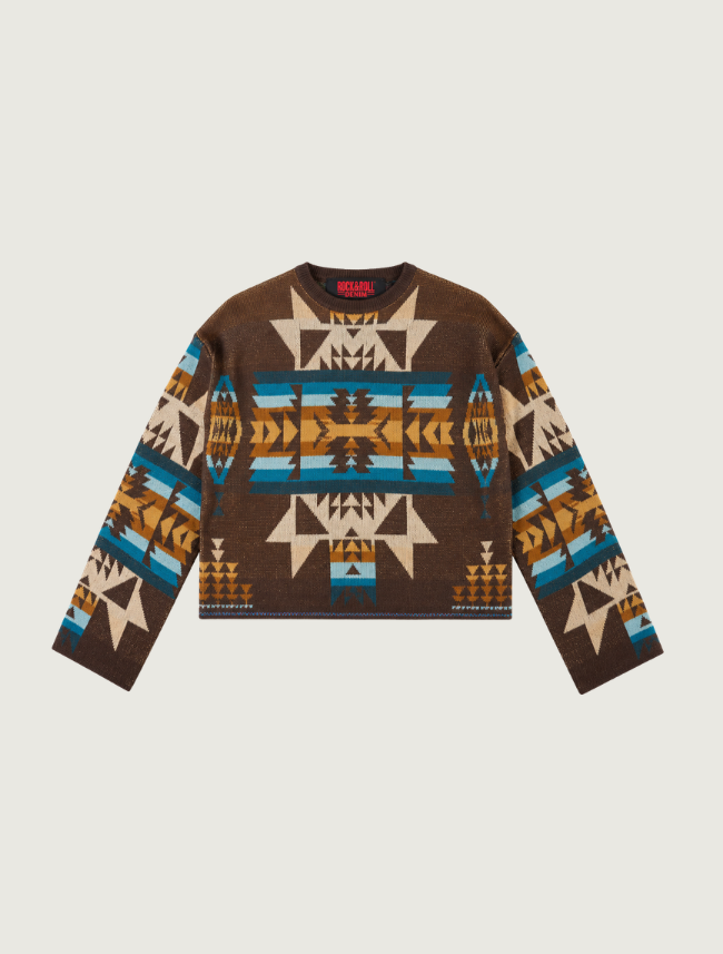 Rock & Roll Denim women's cropped sweater, front view, brown knit with a Southwestern geometric pattern in cream, teal, and gold