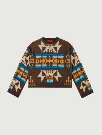 Rock & Roll Denim women's cropped sweater, front view, brown knit with a Southwestern geometric pattern in cream, teal, and gold