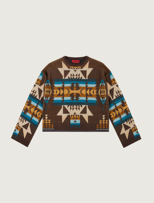 Rock & Roll Denim women's cropped sweater, front view, brown knit with a Southwestern geometric pattern in cream, teal, and gold
