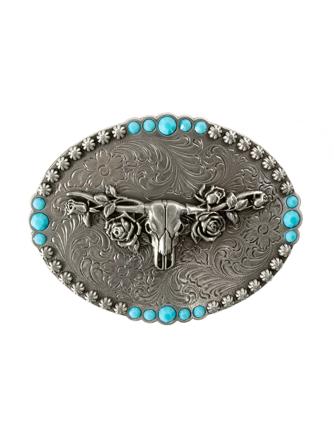 Blazin' Roxx Antique Silver Longhorn & Roses Belt Buckle with Turquoise Stones