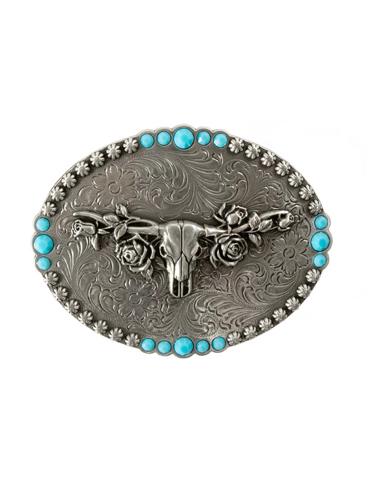Blazin' Roxx Antique Silver Longhorn & Roses Belt Buckle with Turquoise Stones