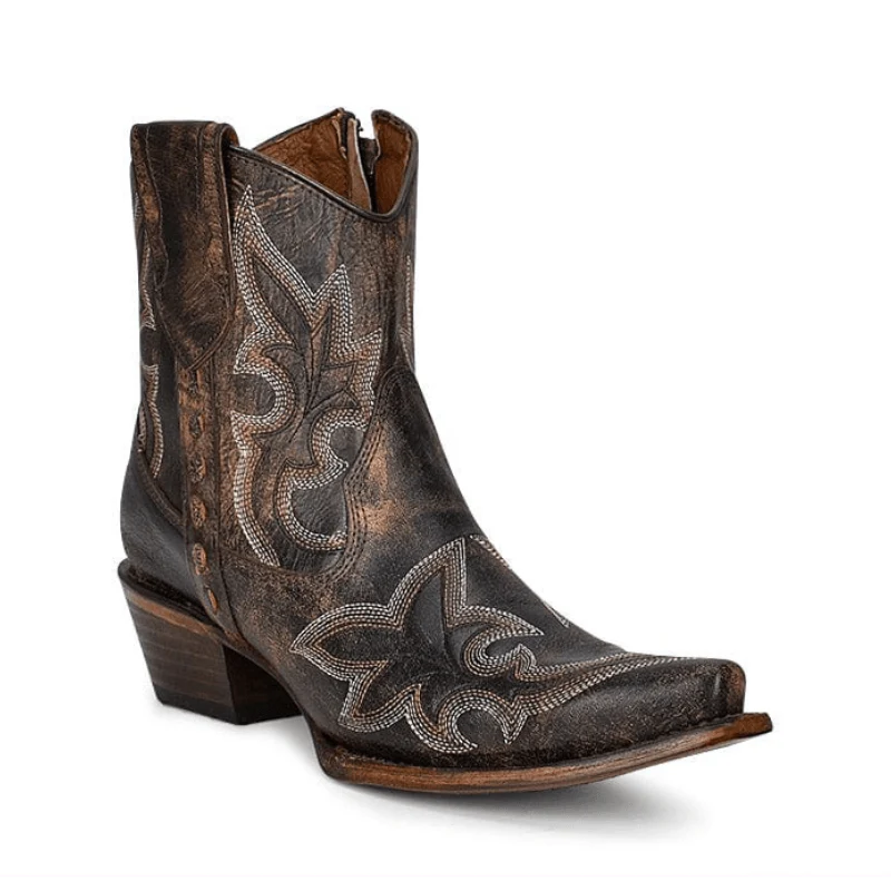 Women's Black/Brown Embroidery & Zipper Booties