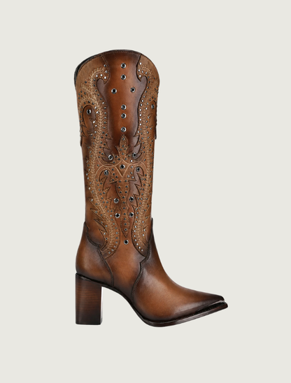 Cuadra Honey Cowhide Embroidery & Studs Cowgirl Boots