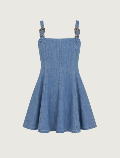 Rock & Roll Denim Buckle Denim Flared Mini Dress