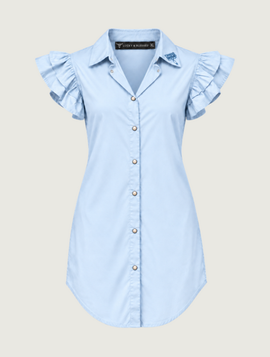 Lucky & Blessed Women's Light Blue Embroidered Flutter Sleeve Dress