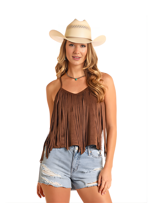 Rock & Roll Denim Microsuede Fringe Tank Top