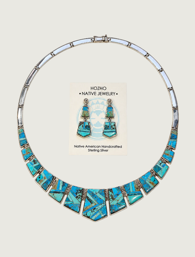 Aldora M. Henry Turquoise & SS Pentagon Center Necklace & Earrings Set