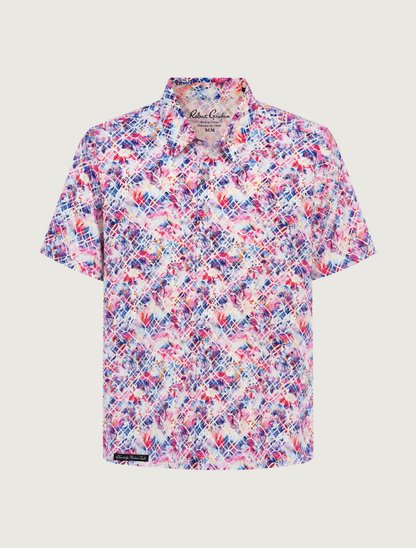 Robert Graham Pink Sands short sleeve golf polo in pink and blue geo-floral print, front view flat lay