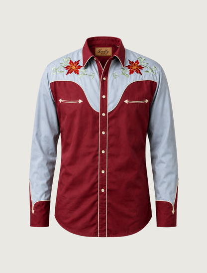 Scully men's poinsettia embroidered two-tone western shirt, front, flat lay