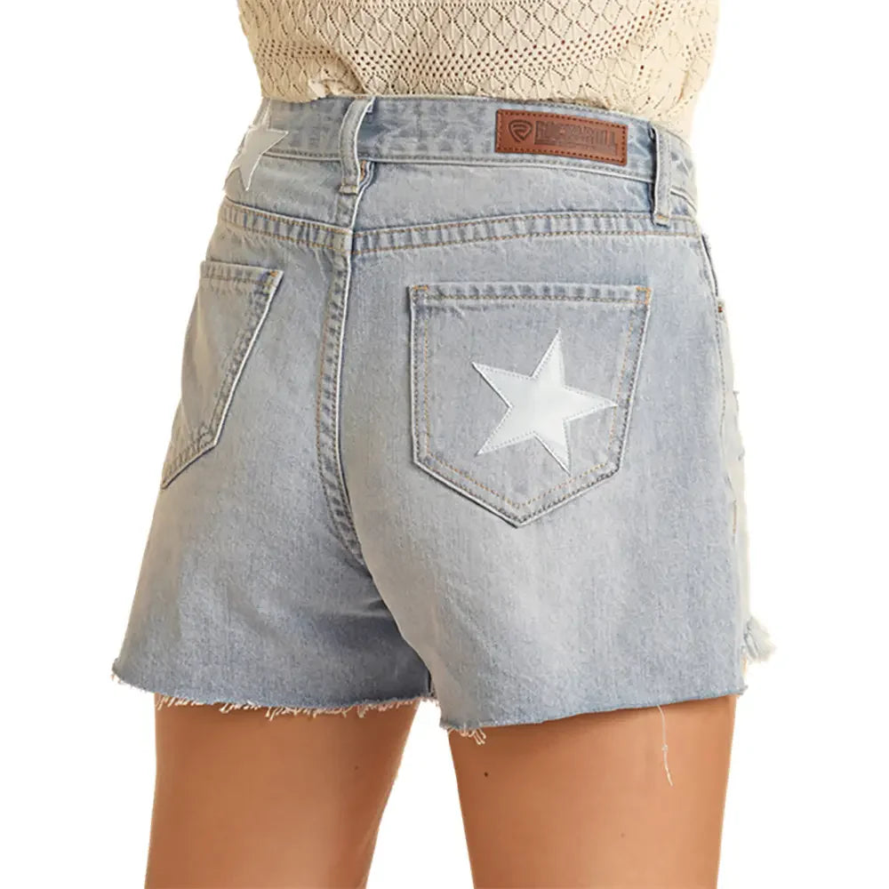 Rock & Roll Denim Women's Light Wash Distressed & White Leather Star Shorts