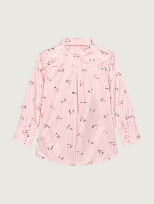 Mavericks Satin Horse Print Button-Up Shirt in Pink