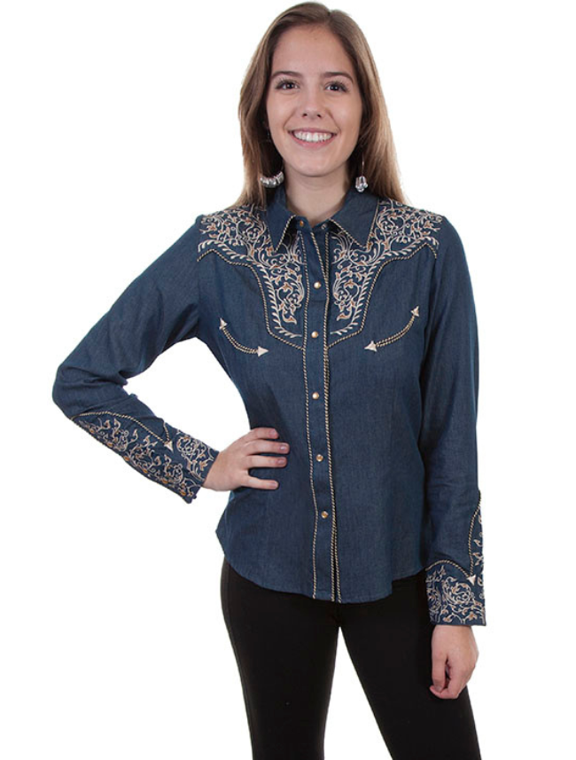 Scully Women's Scroll Embroidery Long Sleeve Snap Shirt