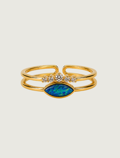 14K Gold Opal & Diamond Double Band Ring