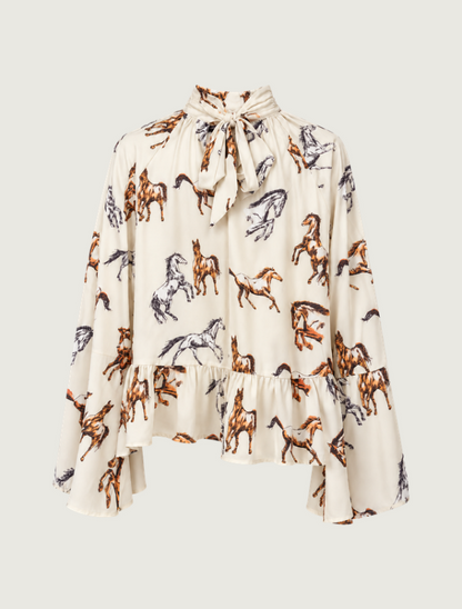 Mavericks High Neck Horse Print Ruffle Top in Ivory