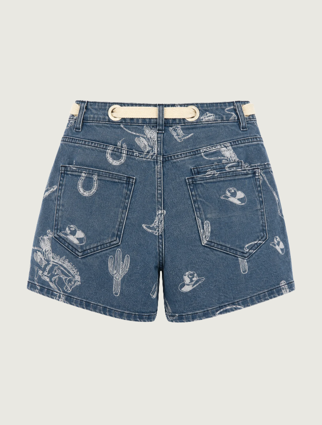 Mavericks Western Print Denim Shorts in Medium Wash
