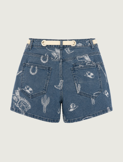 Mavericks Western Print Denim Shorts in Medium Wash